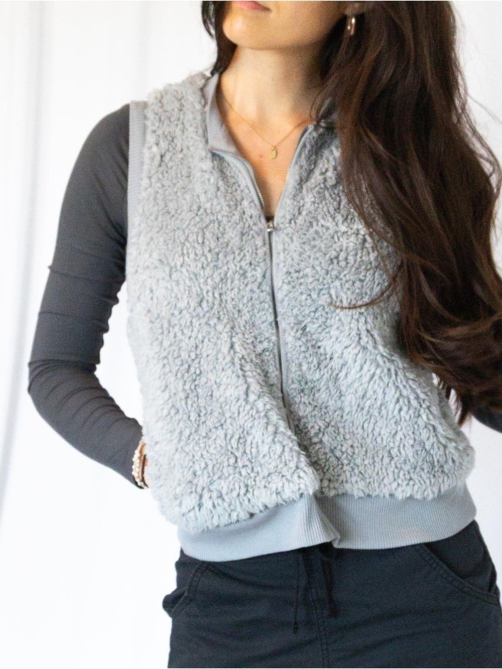 aerie Gray Sherpa Zip Front Vest